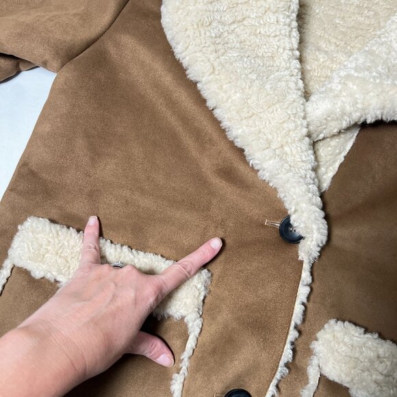 Zara Double Faced Coat Boxy Patch Pockets Faux Sherpa Faux Suede Brown S - Picture 14 of 16
